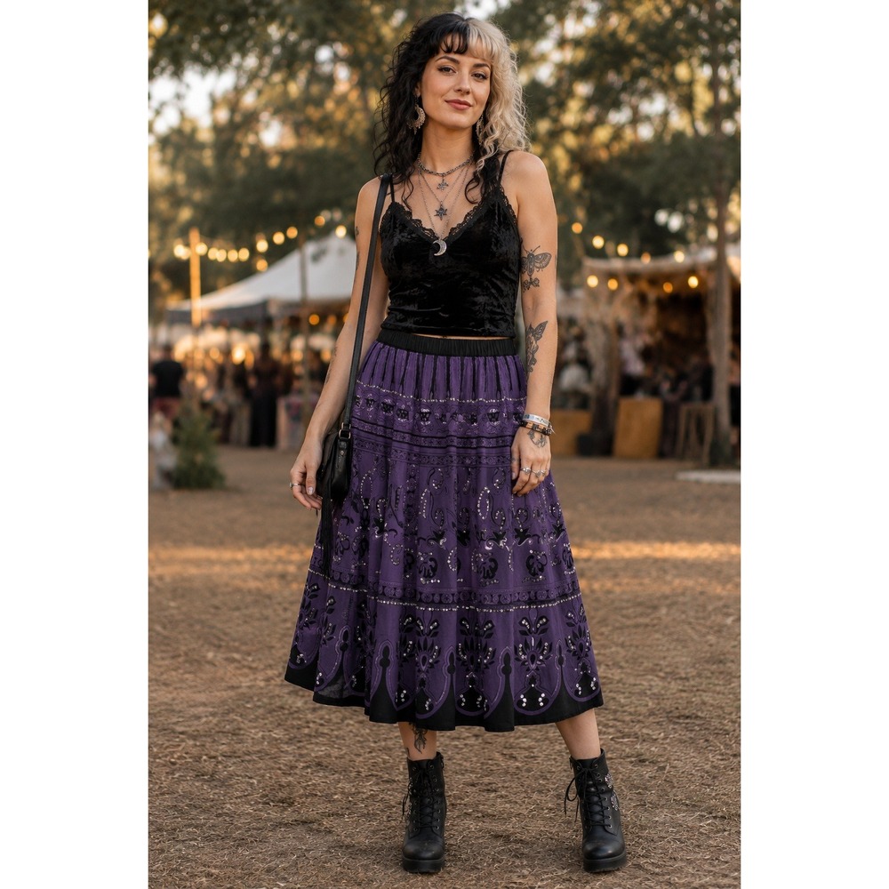 BohoGlamY2K Whimsigoth Fairygrunge 90s Purple Black Sequin Cotton Midi M Skirt